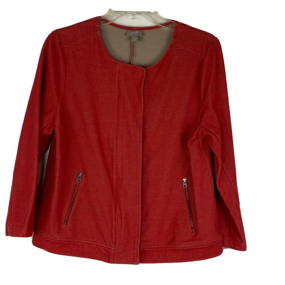 J. Jill Jacket Womens Medium Red Full Zip Snap Stretch Cotton Collarless 1214501